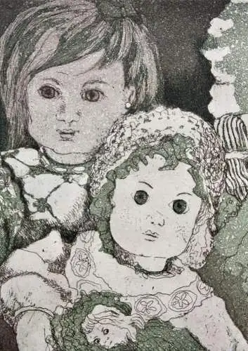 Anneke Pinckernelle (geb. 1928), signierte Farbradierung, "Puppen", 1981