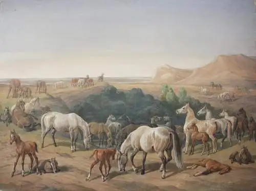 Wilde Pferde in weiter Landschaft, Gouache, süddeutscher Künstler, um 1800-1850