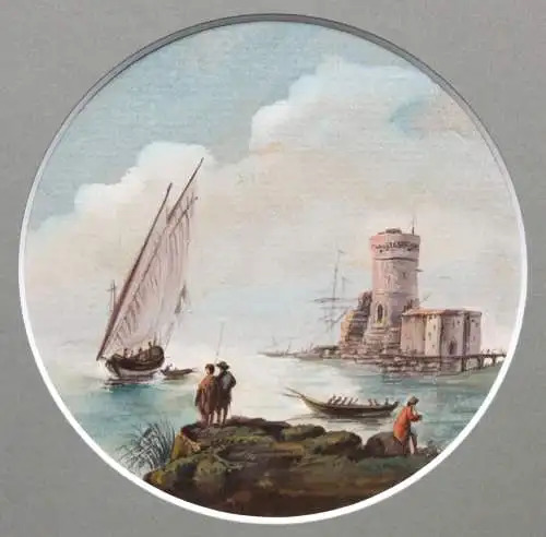 In der Art von Claude-Joseph Vernet (1714-1789) Gouache, Tondo, Hafenszene