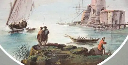 In der Art von Claude-Joseph Vernet (1714-1789) Gouache, Tondo, Hafenszene