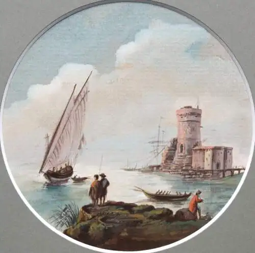 In der Art von Claude-Joseph Vernet (1714-1789) Gouache, Tondo, Hafenszene