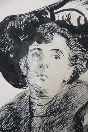 Sitzende junge Dame mit Hut, Figurenstudie, Jugendstil, Tuschezeichnung, um 1900