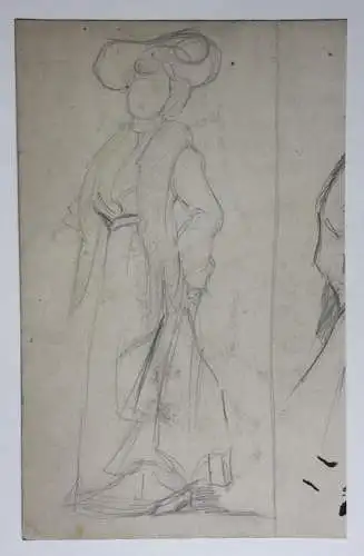 Sitzende junge Dame mit Hut, Figurenstudie, Jugendstil, Tuschezeichnung, um 1900
