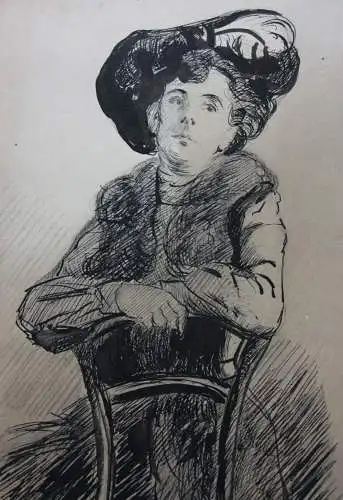 Sitzende junge Dame mit Hut, Figurenstudie, Jugendstil, Tuschezeichnung, um 1900