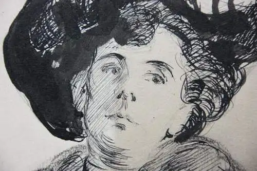Sitzende junge Dame mit Hut, Figurenstudie, Jugendstil, Tuschezeichnung, um 1900