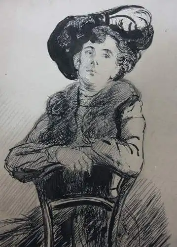 Sitzende junge Dame mit Hut, Figurenstudie, Jugendstil, Tuschezeichnung, um 1900