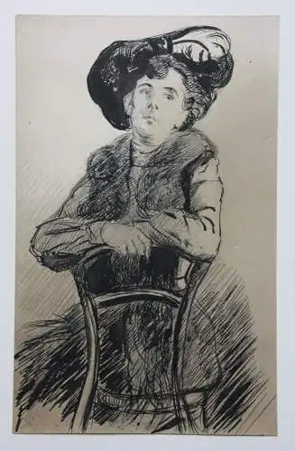 Sitzende junge Dame mit Hut, Figurenstudie, Jugendstil, Tuschezeichnung, um 1900