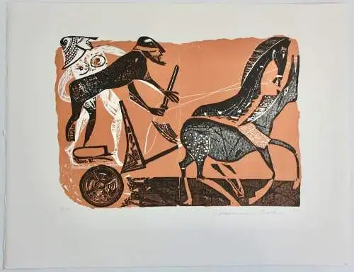 Karl-Heinz Hansen Bahia (1915-1978) signierter Farbholzschnitt "Pallas Athene"