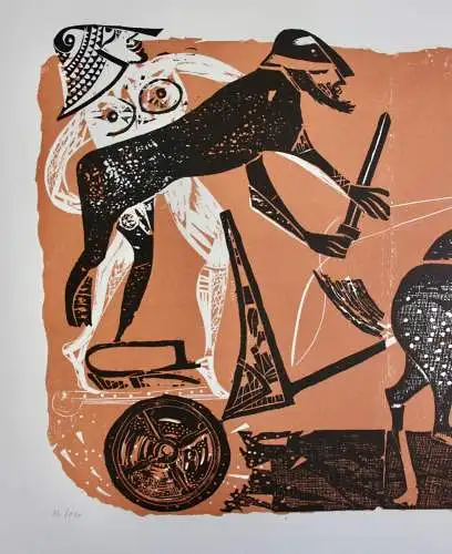 Karl-Heinz Hansen Bahia (1915-1978) signierter Farbholzschnitt "Pallas Athene"