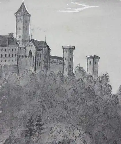 A. Grote, signierte Silberstiftzeichnung, "Wartburg", Romantik, 19. Jahrhundert