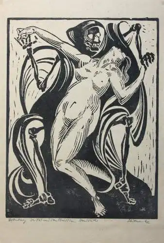 "Der Tod und das Mädchen", Holzschnitt, signiert und monogrammiert "LE", 1962