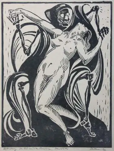 "Der Tod und das Mädchen", Holzschnitt, signiert und monogrammiert "LE", 1962