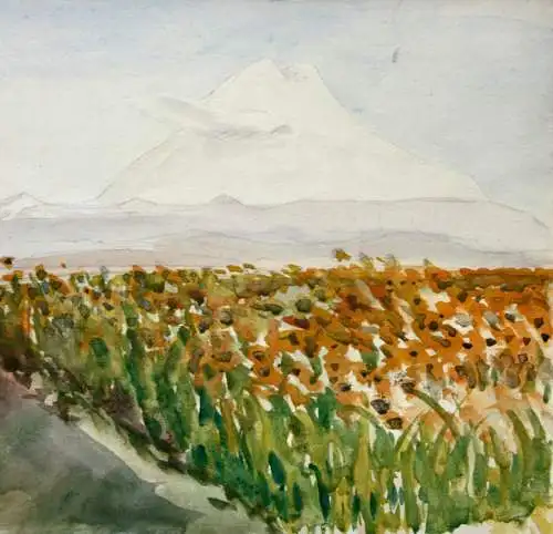 Panoramaansicht, Kaukasuskette und Elbrus, Russland, Aquarell datiert 5. 9. 1942