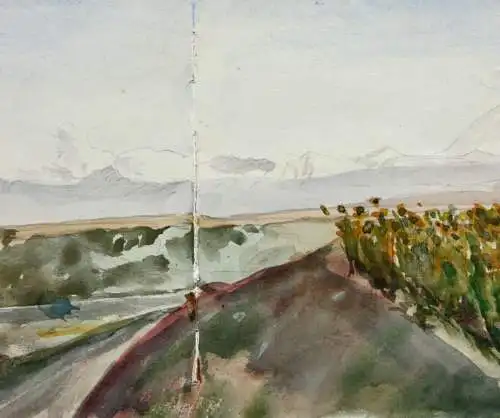 Panoramaansicht, Kaukasuskette und Elbrus, Russland, Aquarell datiert 5. 9. 1942