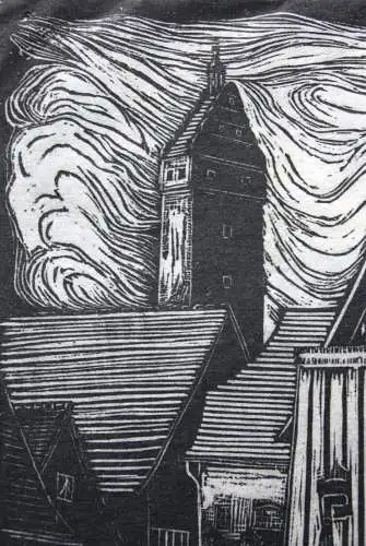 Stadtansicht "Münnerstadt", Holzschnitt auf Japan, monogrammiert "OE", 1948
