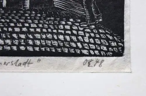 Stadtansicht "Münnerstadt", Holzschnitt auf Japan, monogrammiert "OE", 1948