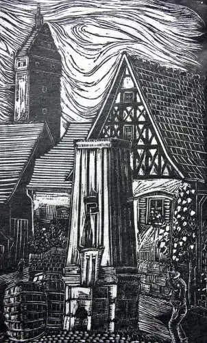 Stadtansicht "Münnerstadt", Holzschnitt auf Japan, monogrammiert "OE", 1948