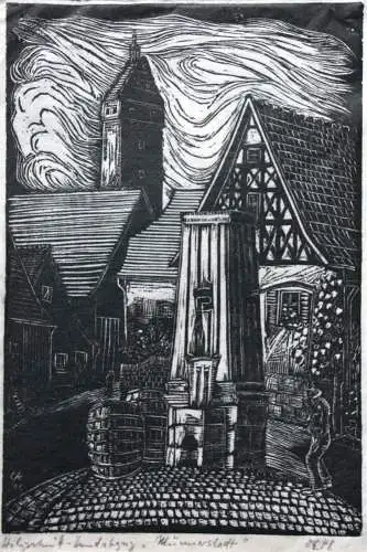 Stadtansicht "Münnerstadt", Holzschnitt auf Japan, monogrammiert "OE", 1948