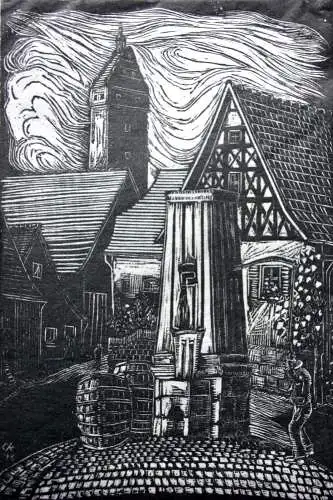 Stadtansicht "Münnerstadt", Holzschnitt auf Japan, monogrammiert "OE", 1948