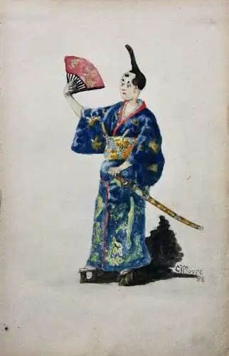 C. J. Moore, signiertes Aquarell, stehender Samurai mit Fächer, Japonismus, 1888