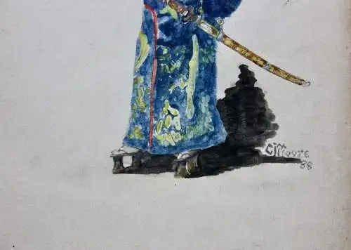 C. J. Moore, signiertes Aquarell, stehender Samurai mit Fächer, Japonismus, 1888