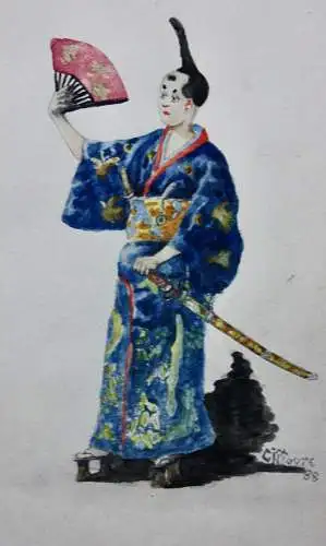 C. J. Moore, signiertes Aquarell, stehender Samurai mit Fächer, Japonismus, 1888