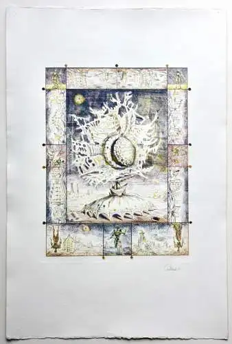 Lucien Coutaud (1904-1977), signierte Farbradierung, surreale Komposition, 1951