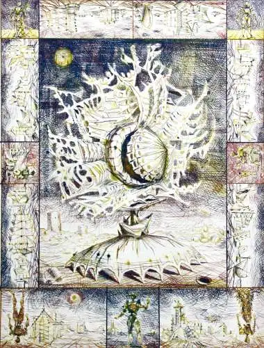 Lucien Coutaud (1904-1977), signierte Farbradierung, surreale Komposition, 1951