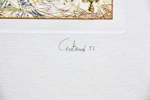 Lucien Coutaud (1904-1977), signierte Farbradierung, surreale Komposition, 1951