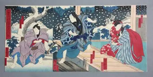 Utagawa Yoshitaki (1841-1899) Nishiki-e, Chûban Triptychon, Kabuki Theaterszene