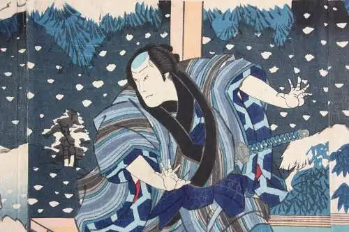 Utagawa Yoshitaki (1841-1899) Nishiki-e, Chûban Triptychon, Kabuki Theaterszene