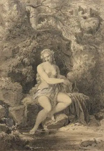 Diana und Actaeon, aquarellierte Federzeichnung, monogrammiert, 19. Jahrhundert