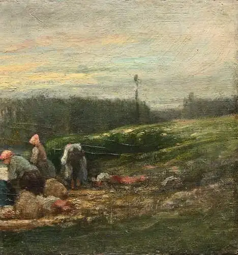 Wäscherinnen am Flussufer bei Morgenrot, signiertes Ölgemälde, Realismus um 1880