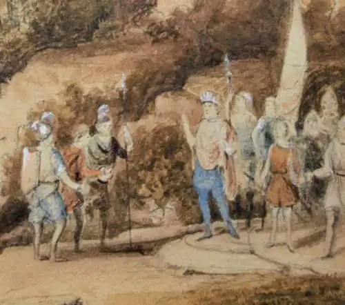 Landschaft mit Zeltlager und Soldaten, Gouache, signiert "W. Beau...(?)", 1852