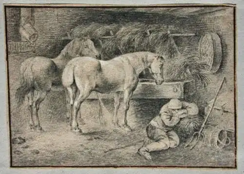 Wouterus I. Verschuur (1812-1874) zugeschr., Zeichnung "Im Pferdestall", um 1870