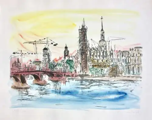 Michael Heindorff (geb. 1949), signierte Lithographie, Stadtansicht, "Dresden"