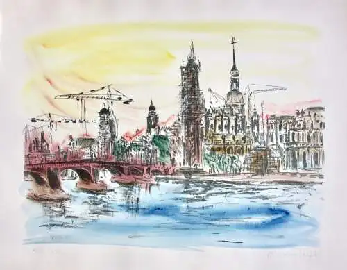 Michael Heindorff (geb. 1949), signierte Lithographie, Stadtansicht, "Dresden"