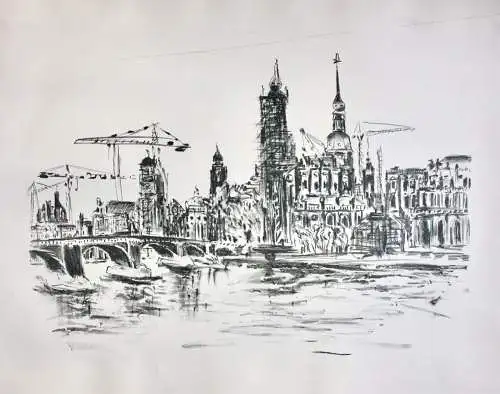 Michael Heindorff (geb. 1949), signierte Lithographie, Stadtansicht, "Dresden"