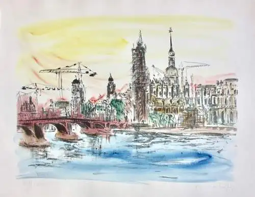 Michael Heindorff (geb. 1949), signierte Lithographie, Stadtansicht, "Dresden"