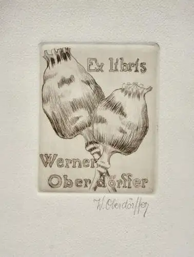 Werner Oberdörffer, signierte Radierung, Ex Libris des Künstlers, Mohn, um 1900