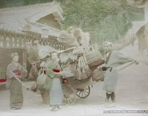 T. Fukasawa, handkolorierter Vintage Albuminabzug, Korbhändler, Japan, 1860-1890