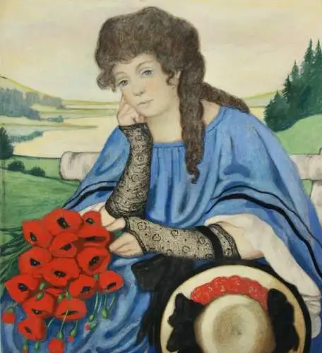 Sitzende junge Frau mit einem Strauß Mohnblumen, Jugendstil Aquarell, um 1900