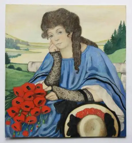 Sitzende junge Frau mit einem Strauß Mohnblumen, Jugendstil Aquarell, um 1900