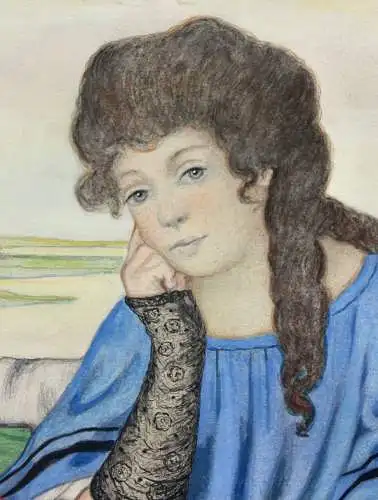 Sitzende junge Frau mit einem Strauß Mohnblumen, Jugendstil Aquarell, um 1900