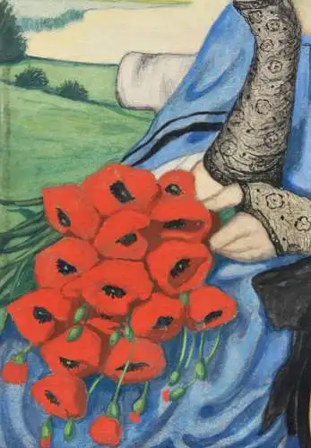 Sitzende junge Frau mit einem Strauß Mohnblumen, Jugendstil Aquarell, um 1900