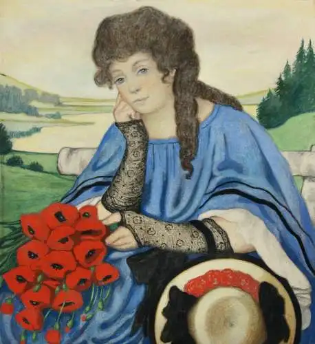 Sitzende junge Frau mit einem Strauß Mohnblumen, Jugendstil Aquarell, um 1900