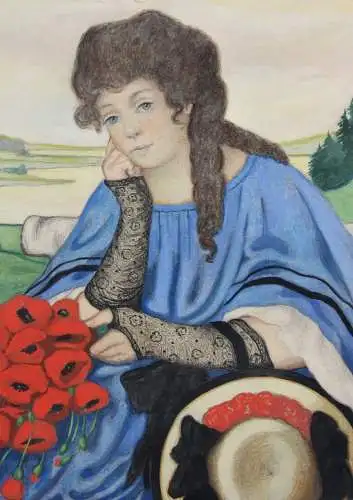 Sitzende junge Frau mit einem Strauß Mohnblumen, Jugendstil Aquarell, um 1900