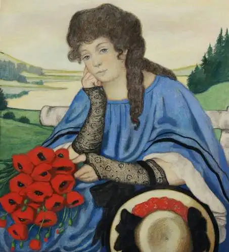 Sitzende junge Frau mit einem Strauß Mohnblumen, Jugendstil Aquarell, um 1900