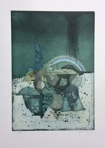 Yoshi Takahashi (1943-1998), signierte Farbradierung, Landschaft mit Regenbogen