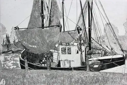 Herbert Grunwaldt (1928-2014) signierte Radierung, "Schiffe im Hafen", 1968